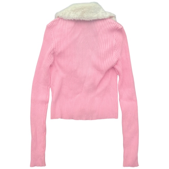 NWT Forever 21 Faux Fur Collar Tie Front Pink Coquette Stretch Knit Cardigan - Picture 3 of 3